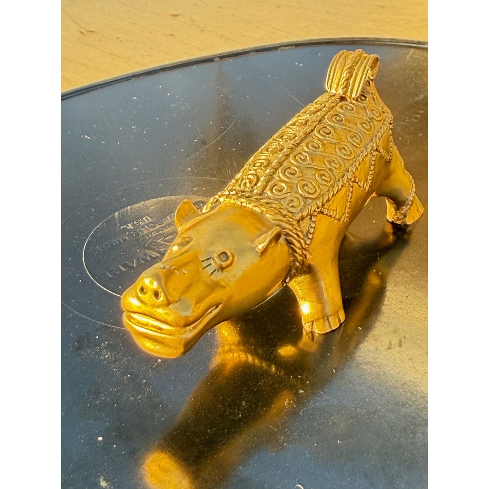 Vintage Brass Hippopotamus Figurine Gold Tone Hippo Scroll Detail Decor
